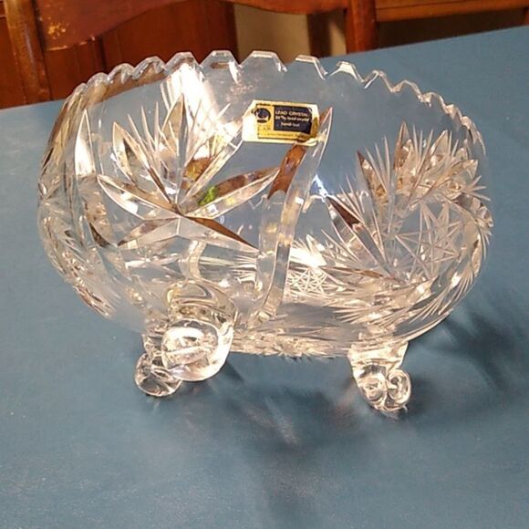 Crystal Cut Glass American Brilliant Saw Tooth Edge Footed Bowl - Picture 4 of 7